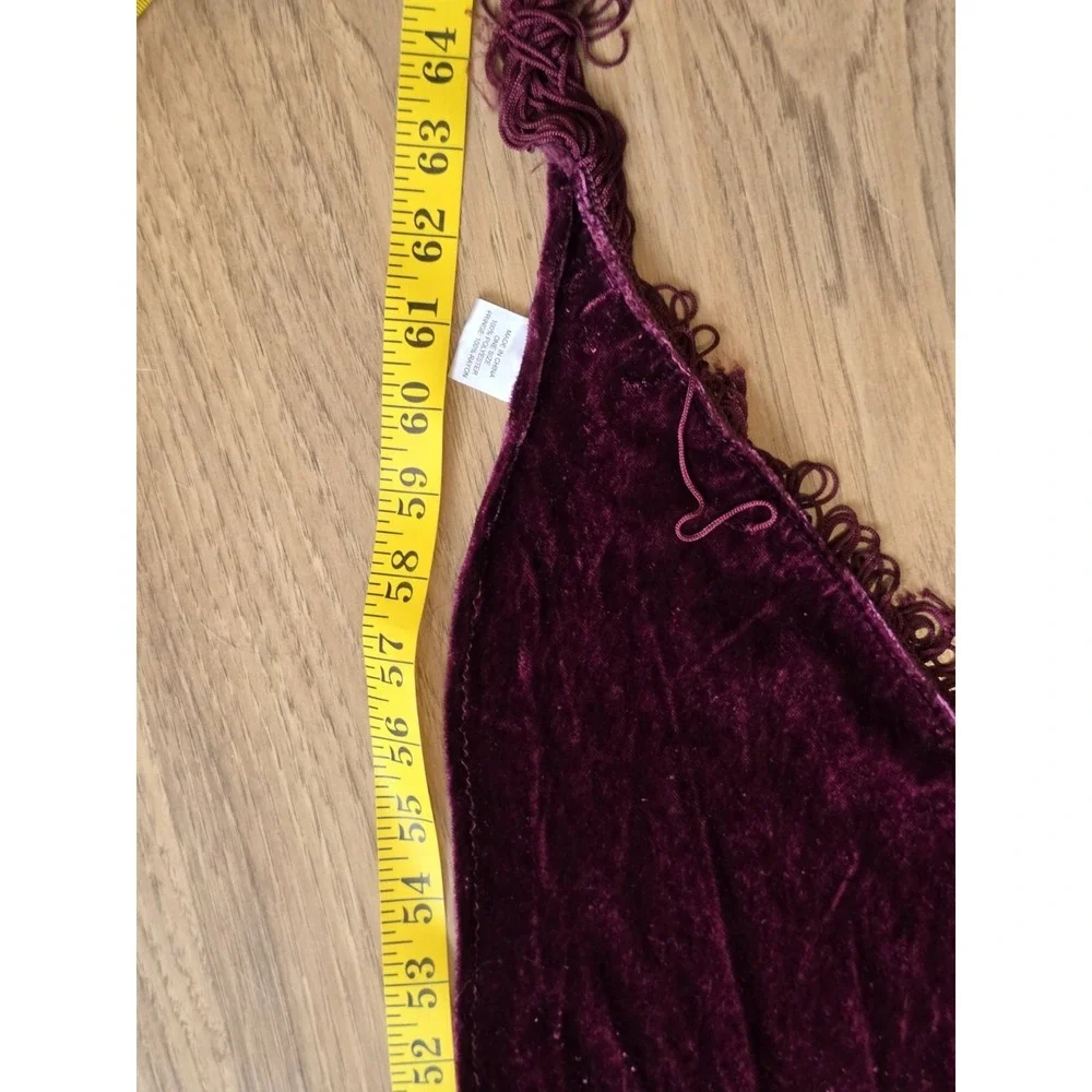 Y2K V-Shape Scarf Wrap Top Velvet Burgundy Tassel Floral